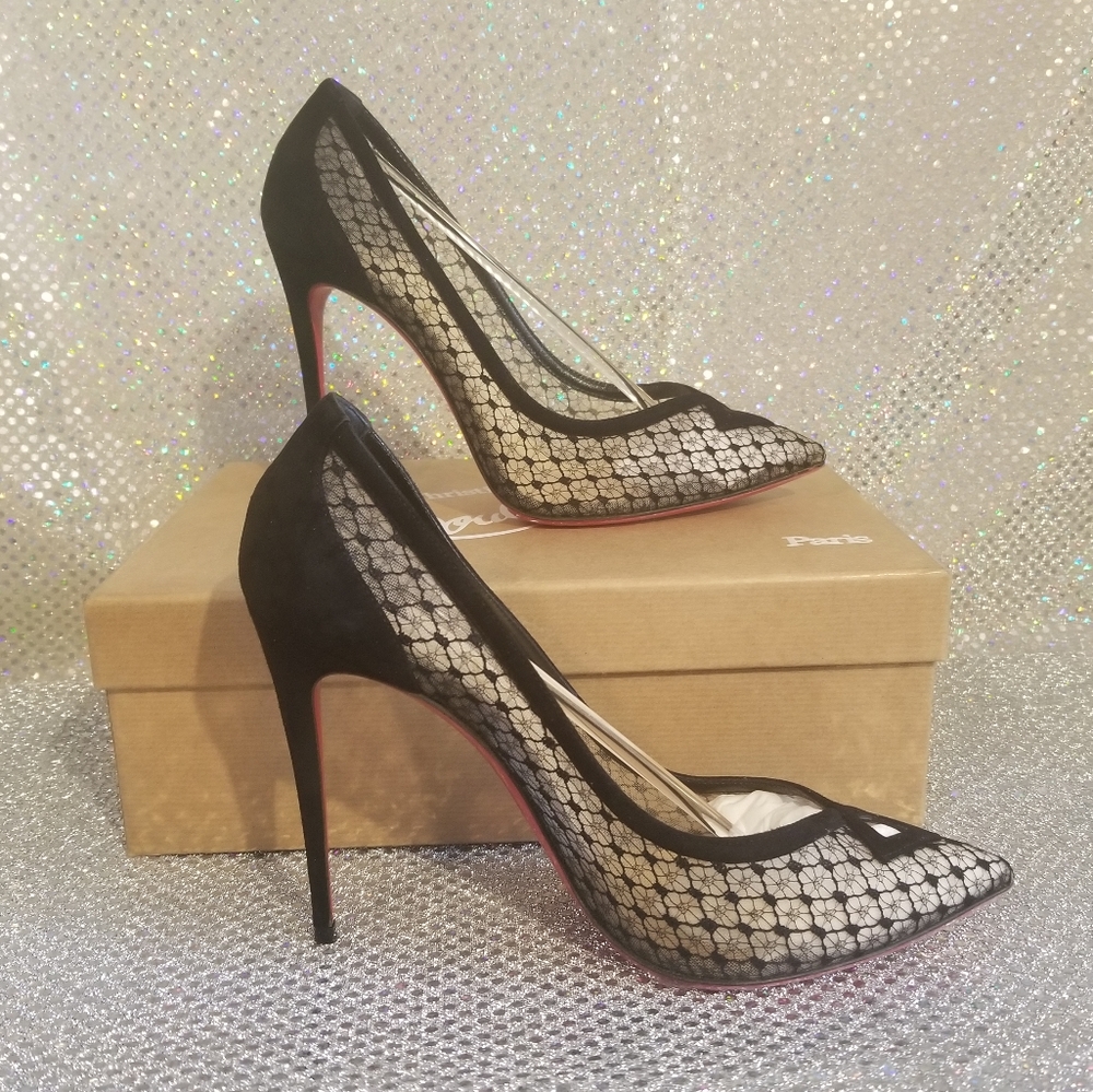 Louboutin Black Lace and Suede Neoalto 100mm Dentelle Resille Complete Set - Picture 2 of 14